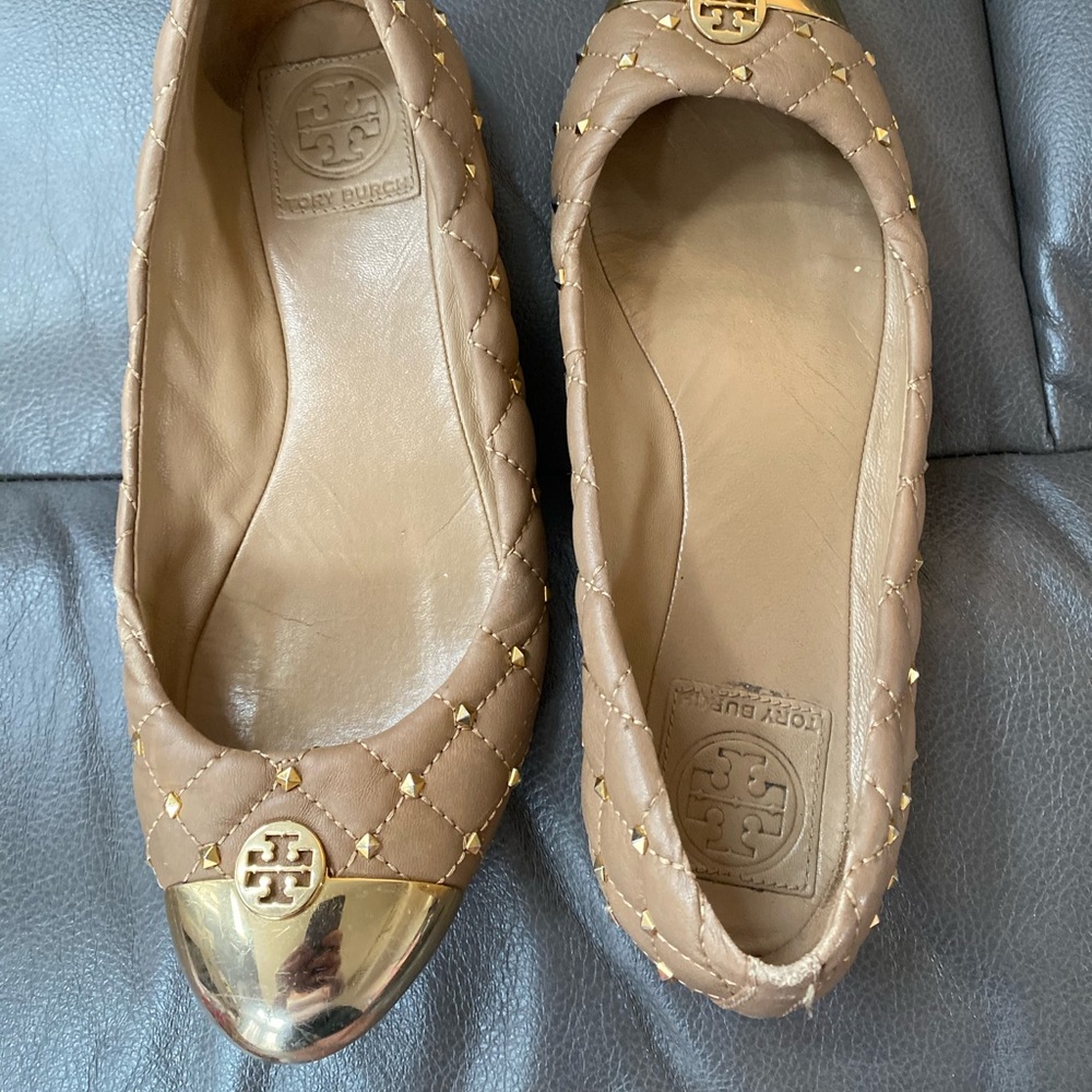 Gold studded quilted Tory Burch flats